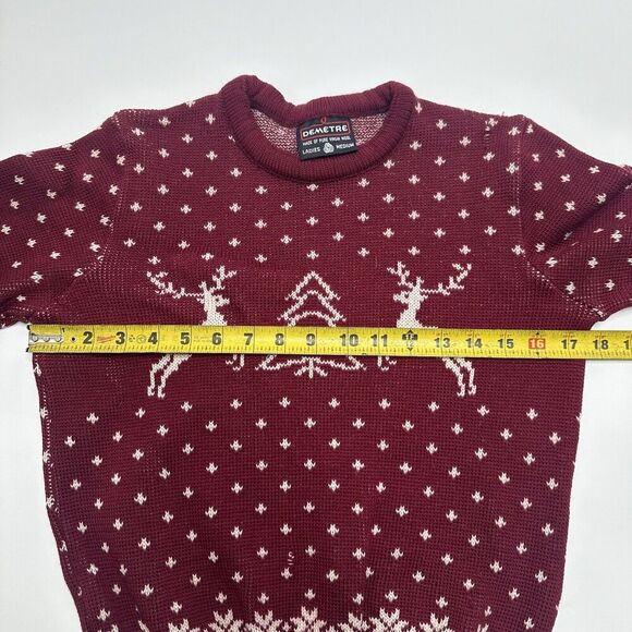 Vintage Demetre Size M XS? Pure Virgin Wool Sweater Reindeer Snowflakes Maroon - Picture 7 of 11